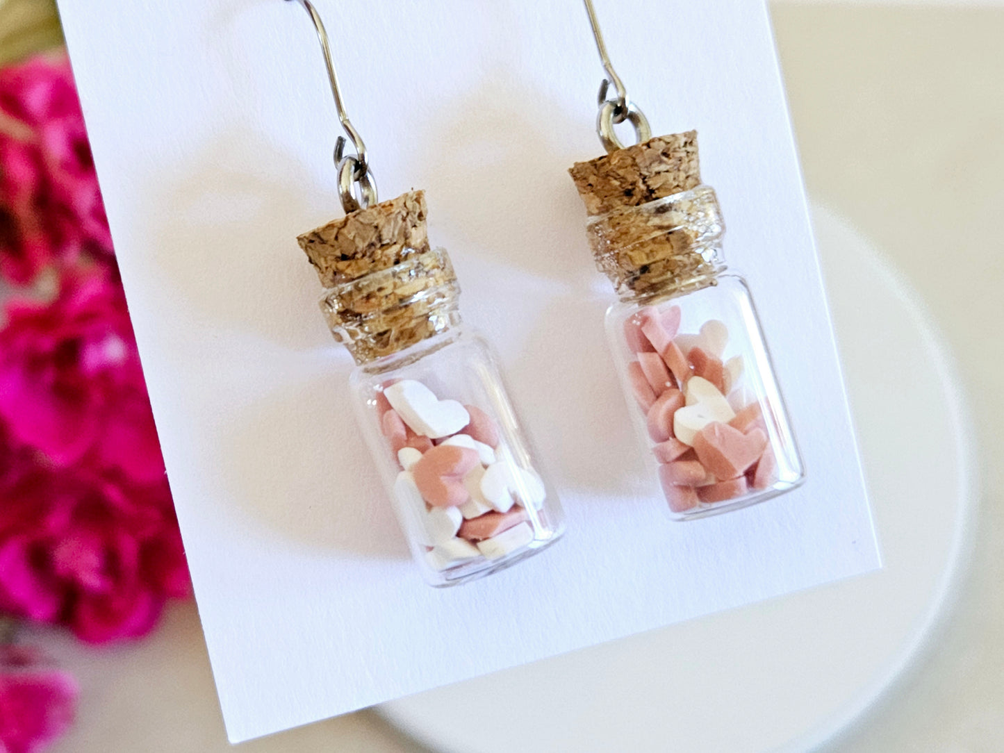 Hearts Collection Pink and White Candy Heart Jar Earrings