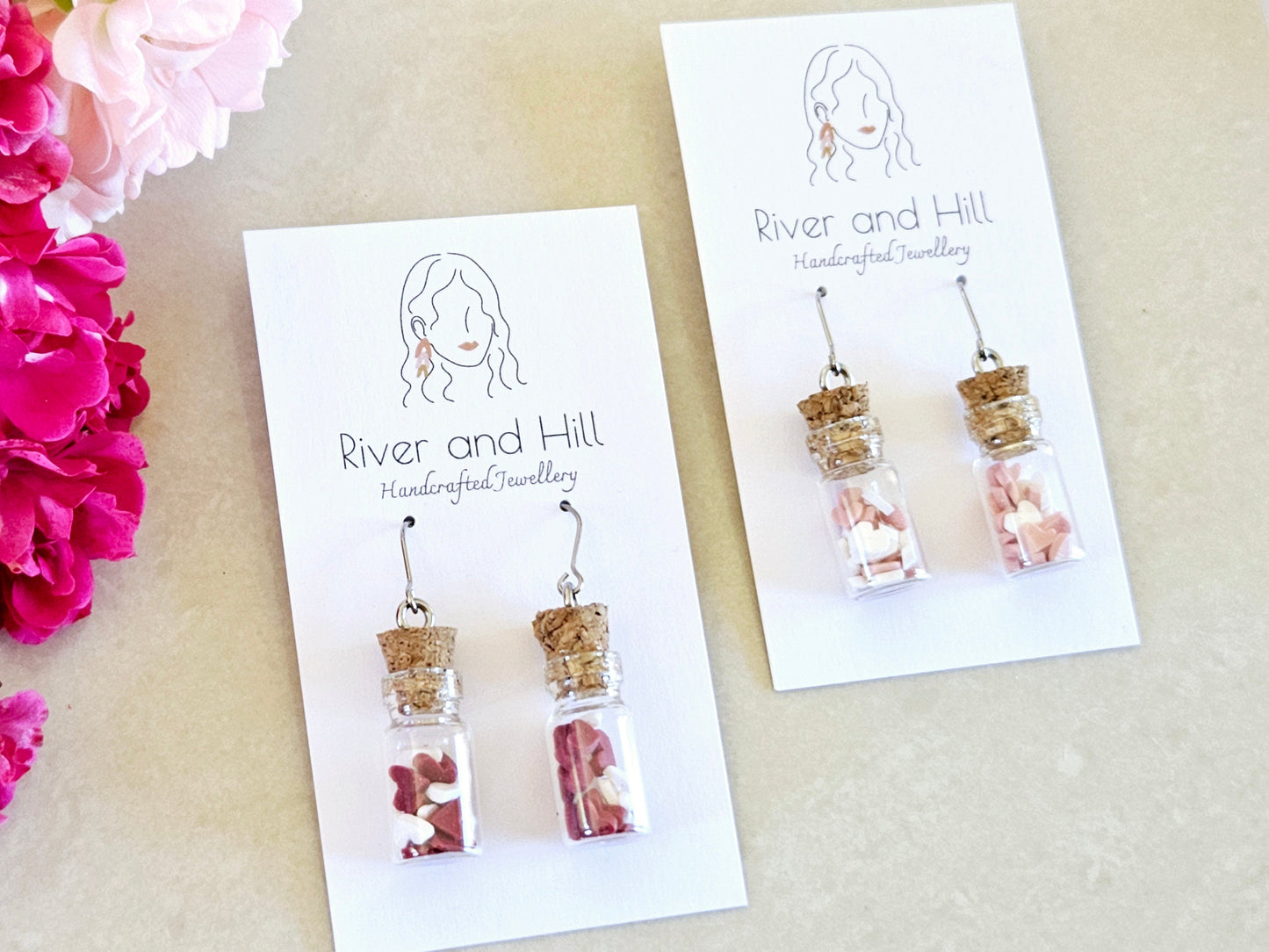 Hearts Collection Pink and White Candy Heart Jar Earrings