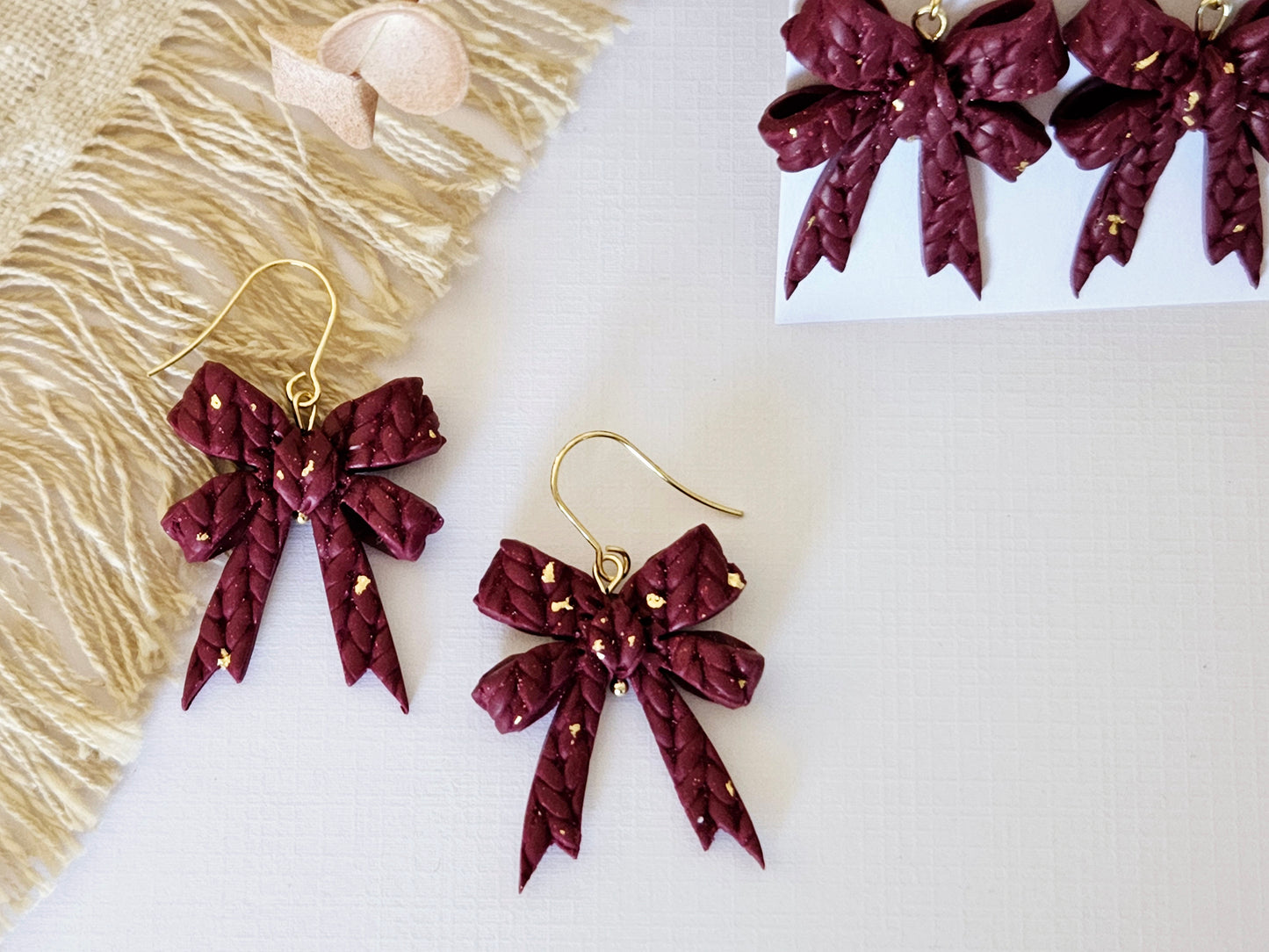 Knitted Clay Bow Hook Earrings