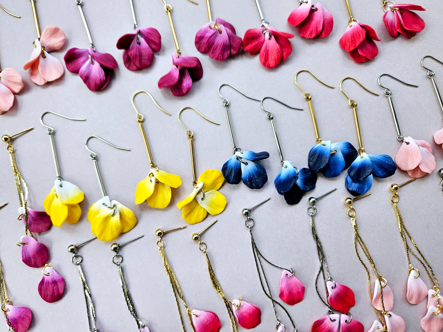 Petal Drop Silver Three Petal Earrings Red