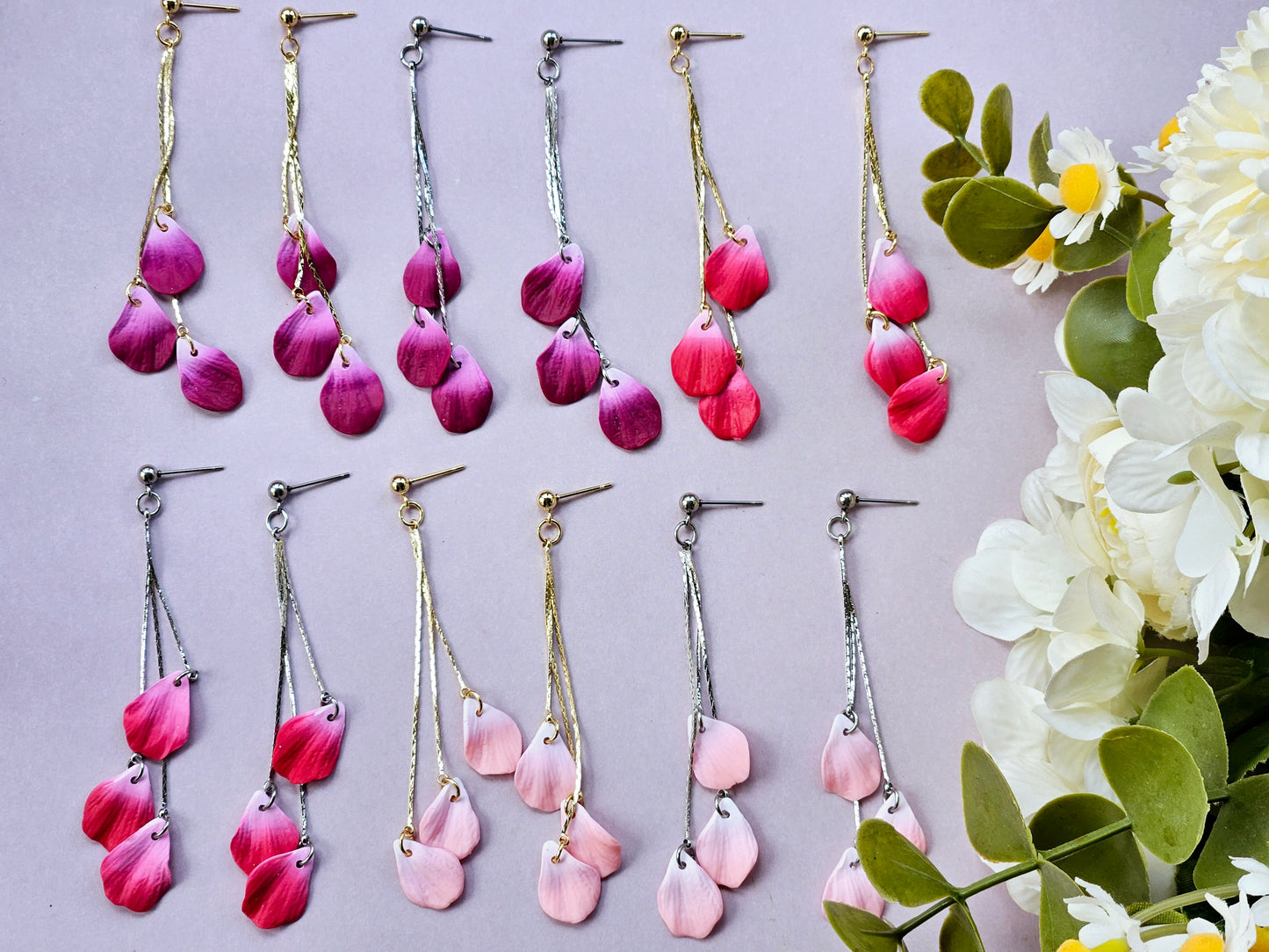 Petal Drop Silver Three Petal Earrings Red