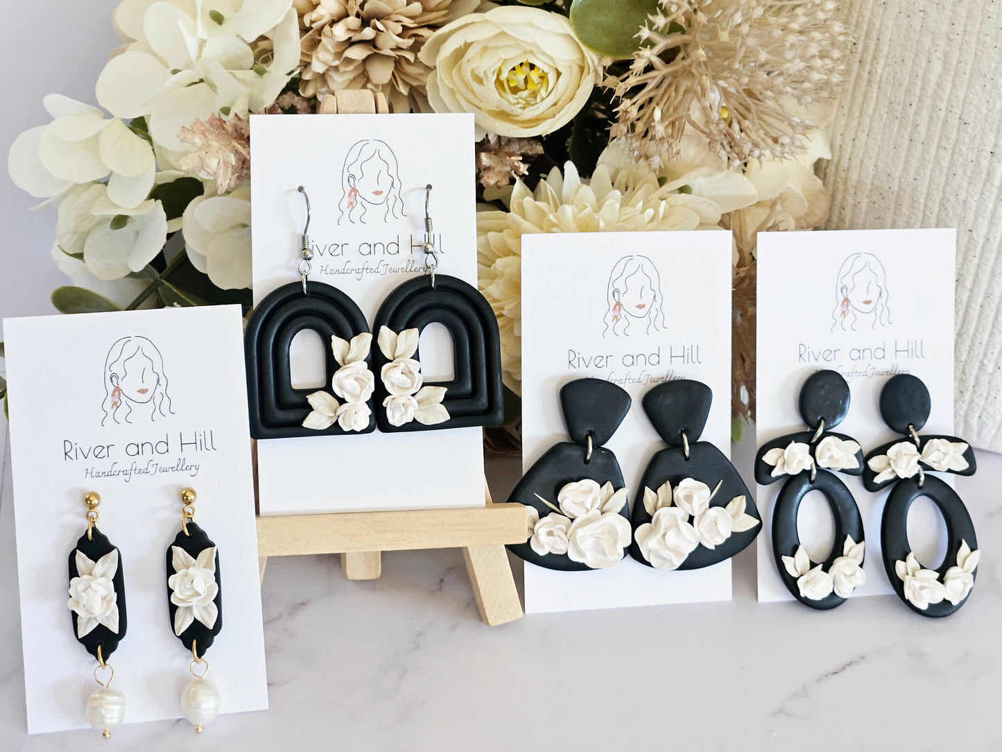 Black and White Floral Pearl Drop Earrings