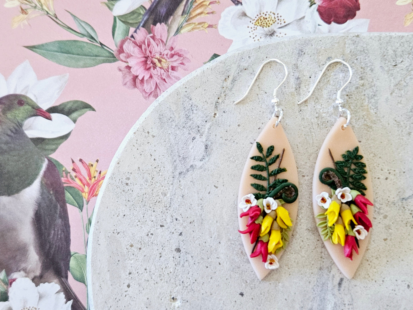 Kākābeak and Kōwhai Bouquet Earrings