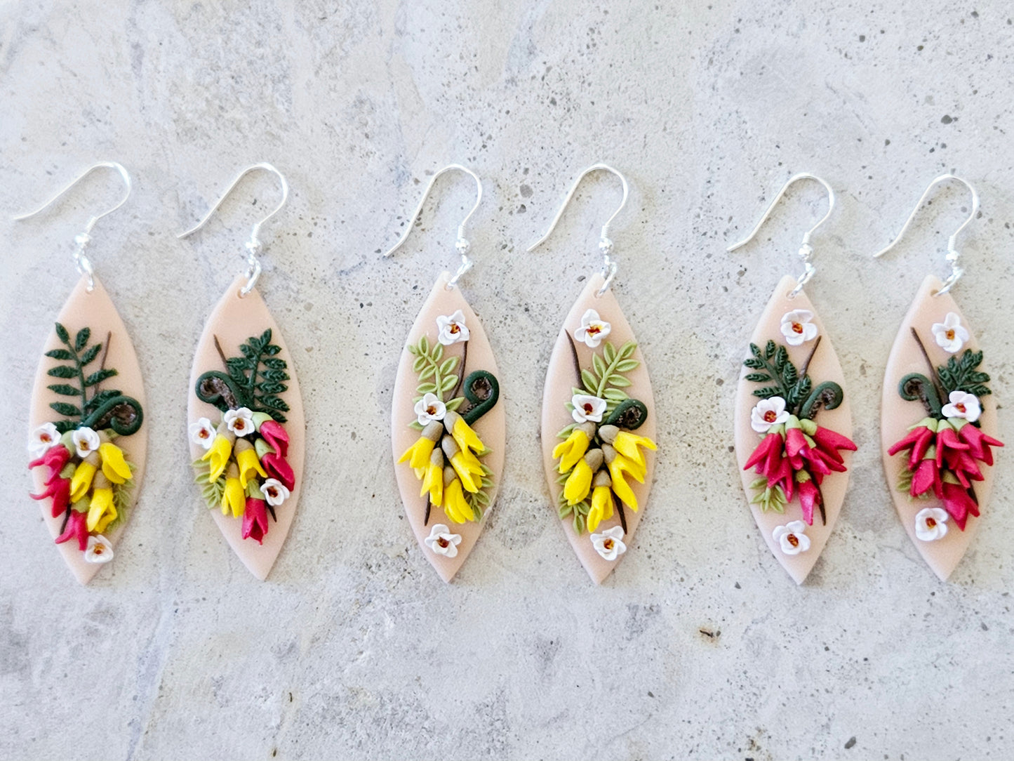 Kākābeak and Kōwhai Bouquet Earrings