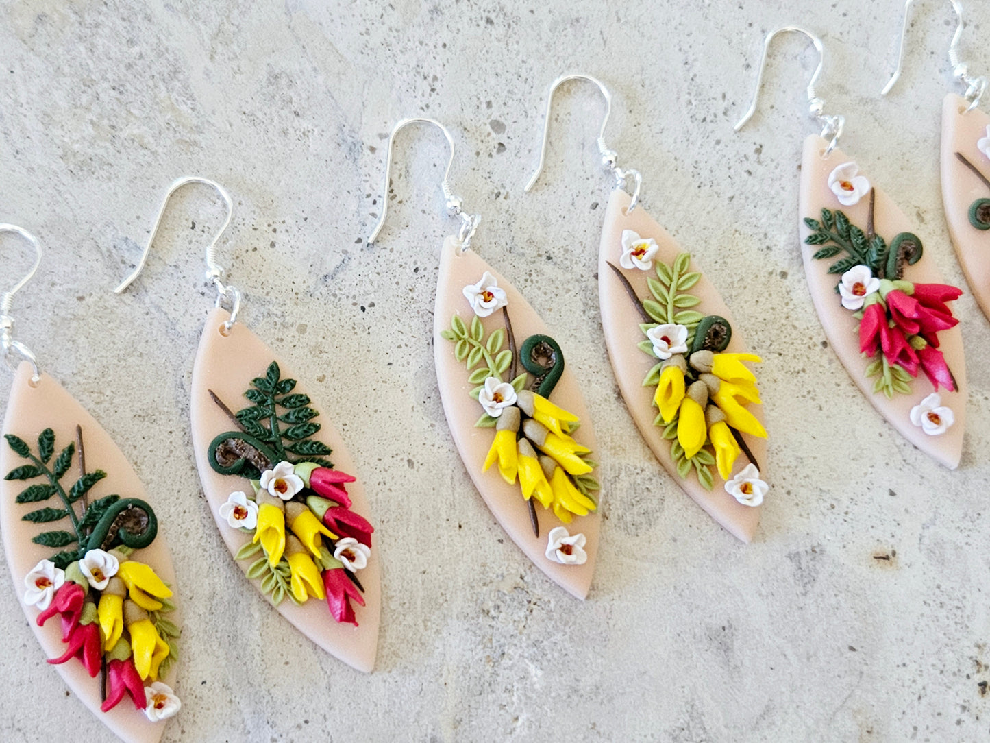 Kākābeak and Kōwhai Bouquet Earrings