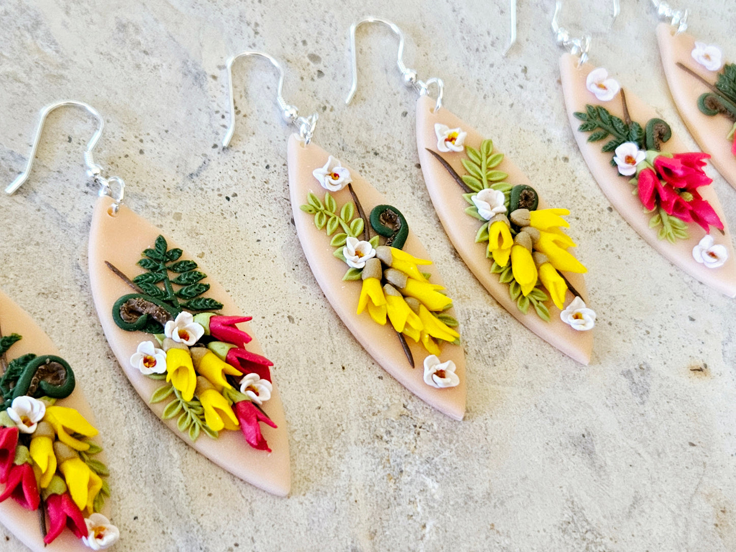 Kākābeak and Kōwhai Bouquet Earrings
