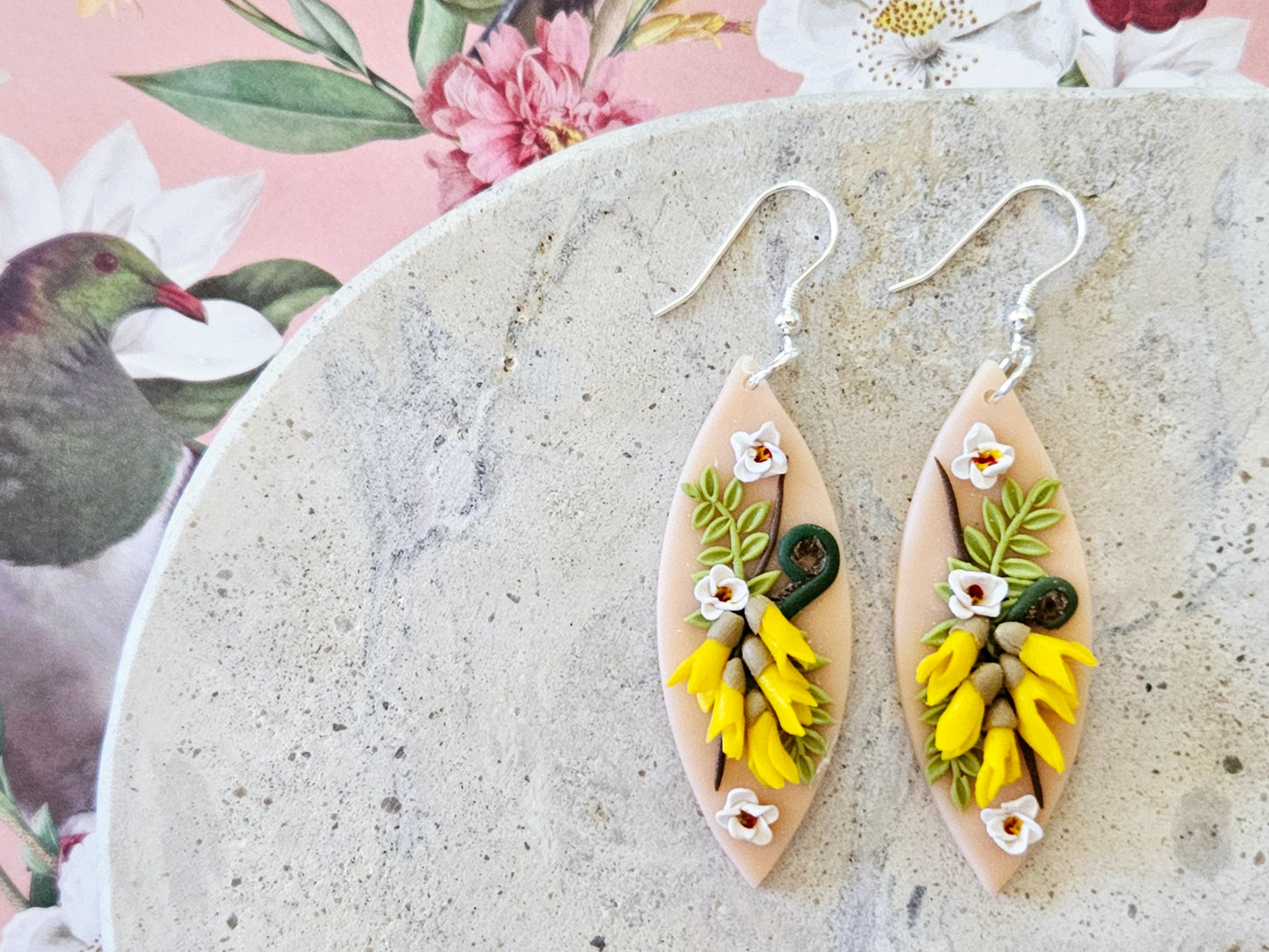 Kākābeak and Kōwhai Bouquet Earrings