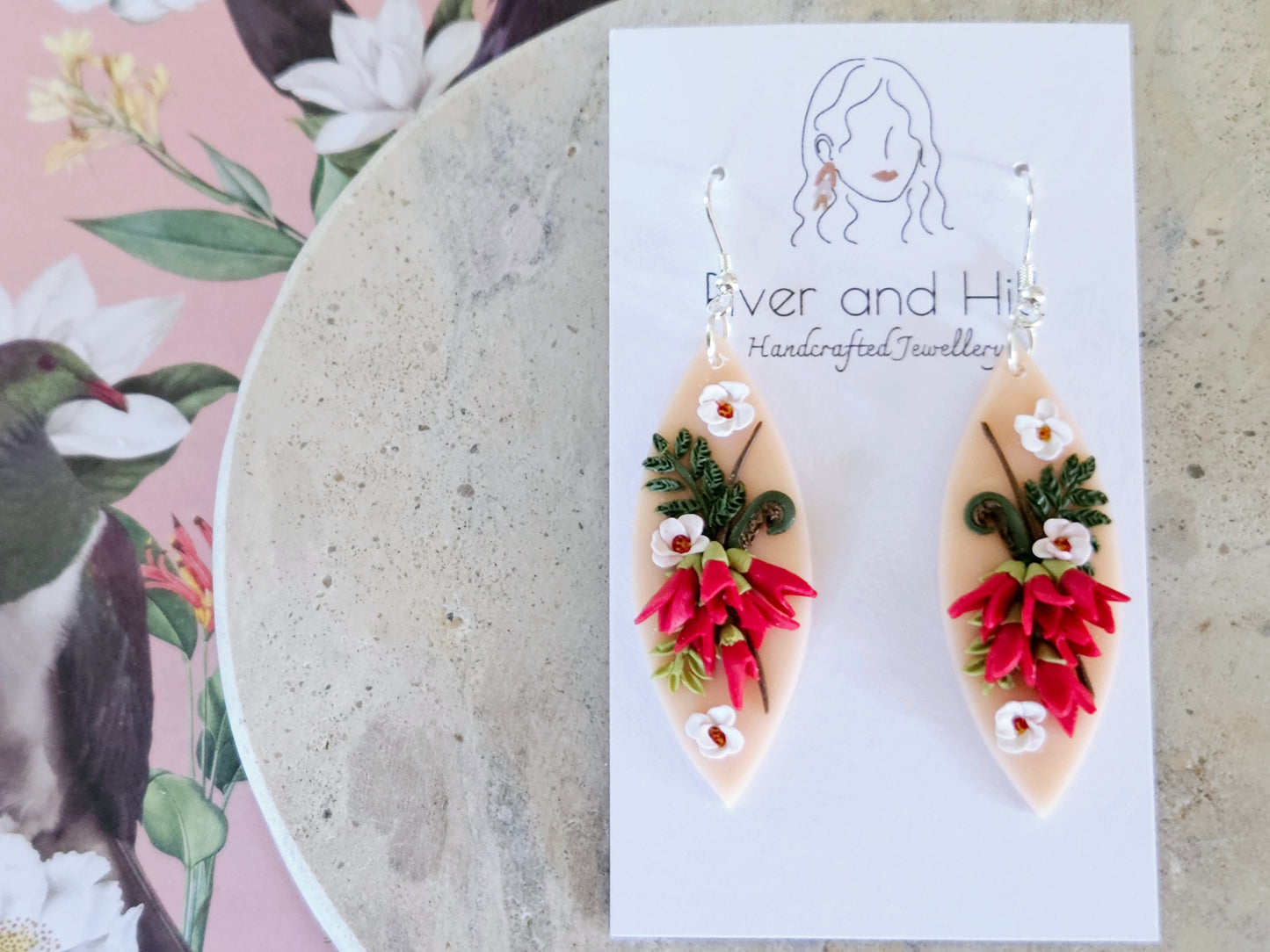 Kākābeak and Kōwhai Bouquet Earrings