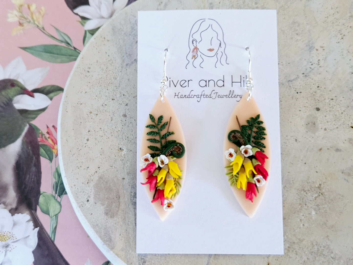 Kākābeak and Kōwhai Bouquet Earrings