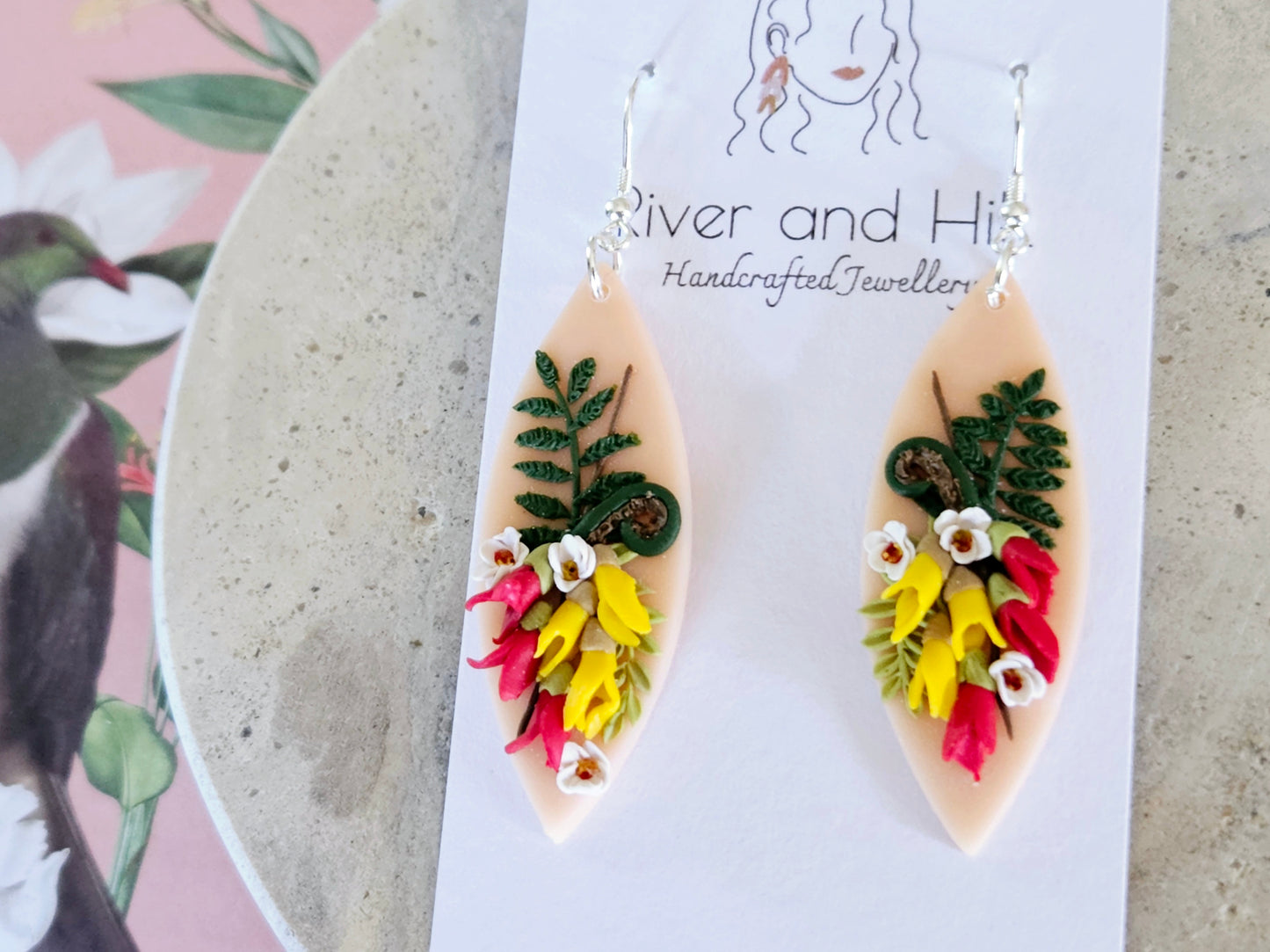 Kākābeak and Kōwhai Bouquet Earrings