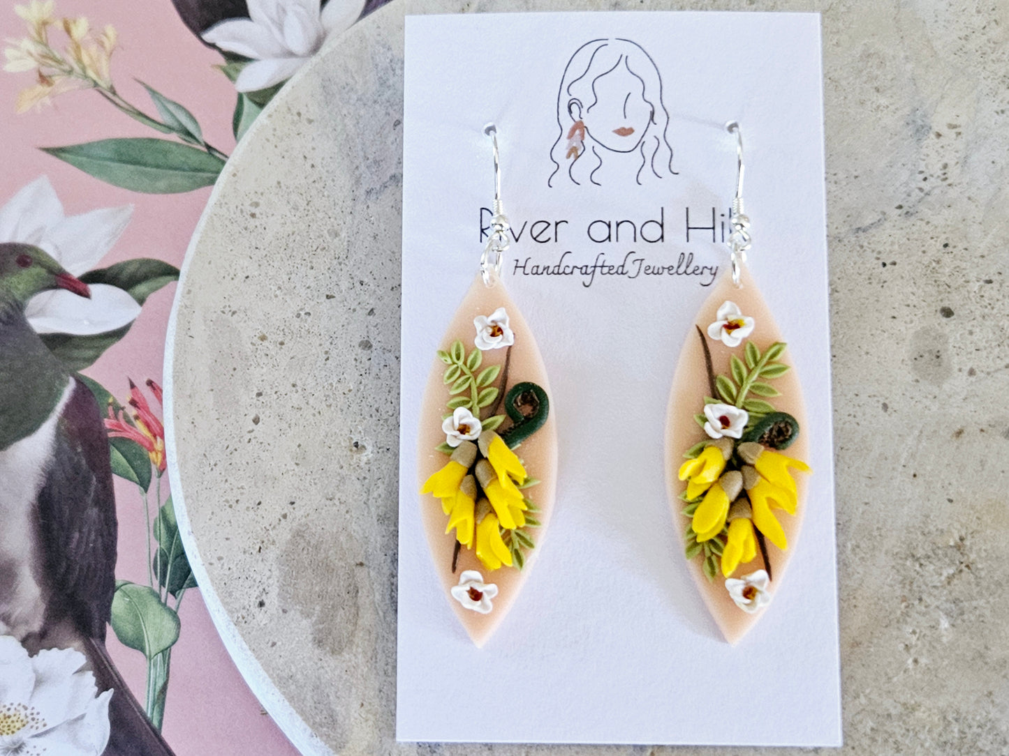 Kākābeak and Kōwhai Bouquet Earrings
