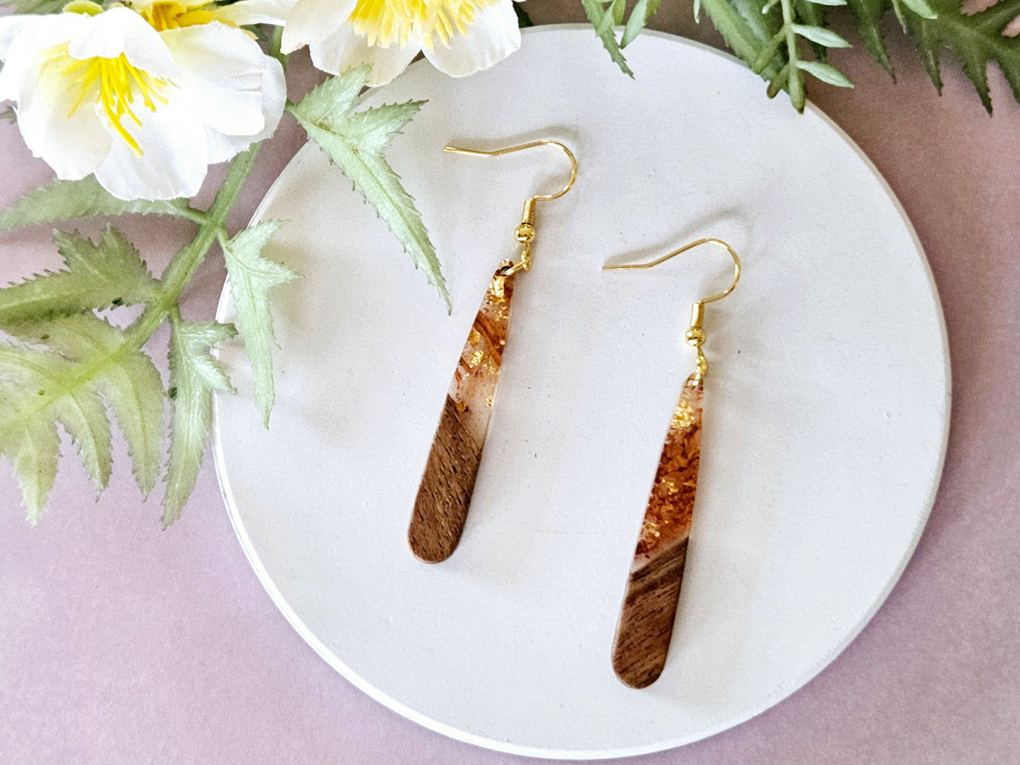 Wood and Resin Droplet Earrings