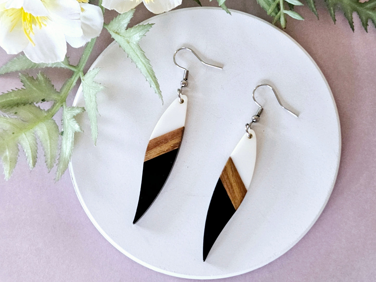 Wood and Resin Monochrome Dagger Earrings