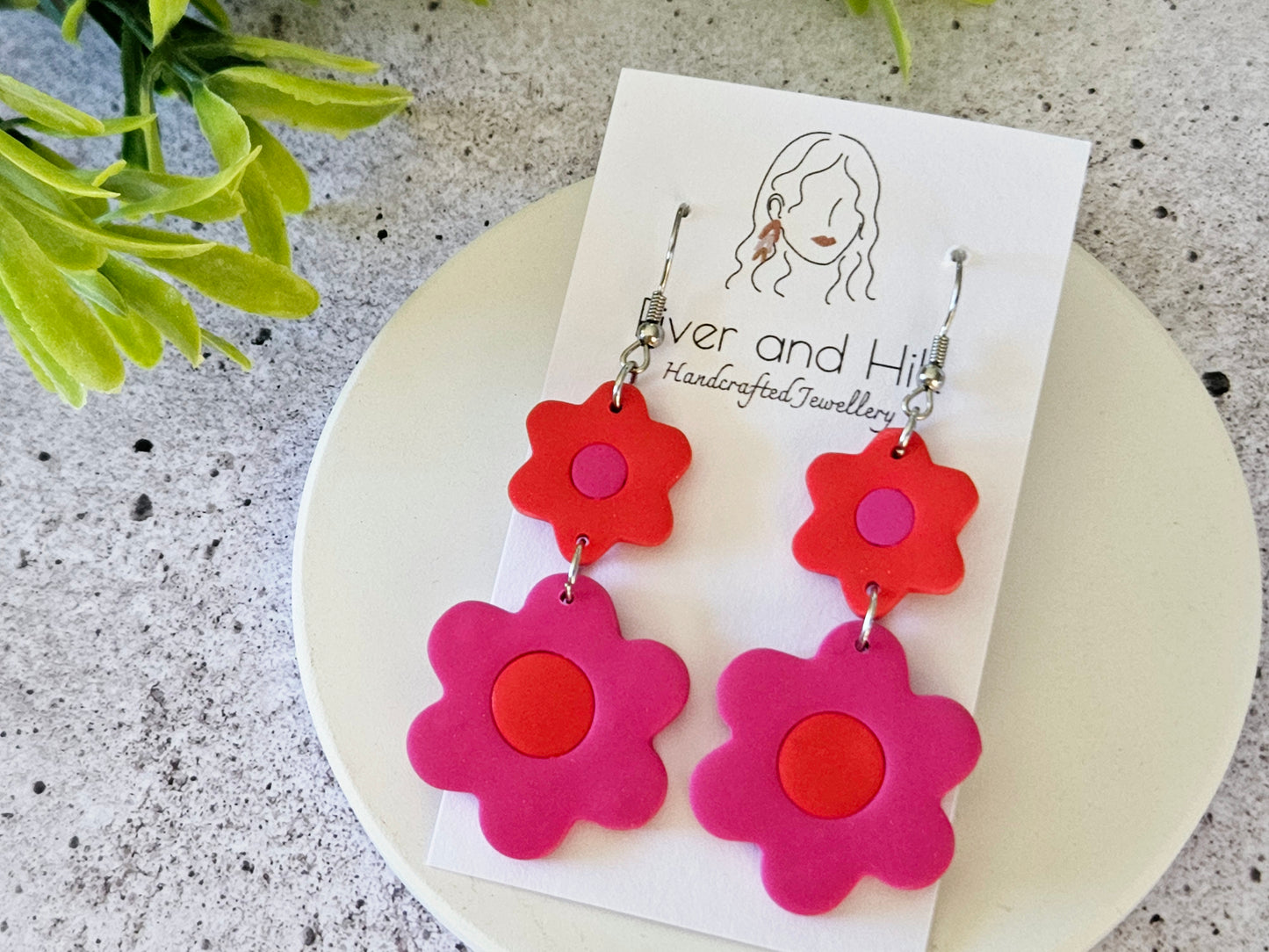 Retro Bloom Pink and Red Hook Earrings