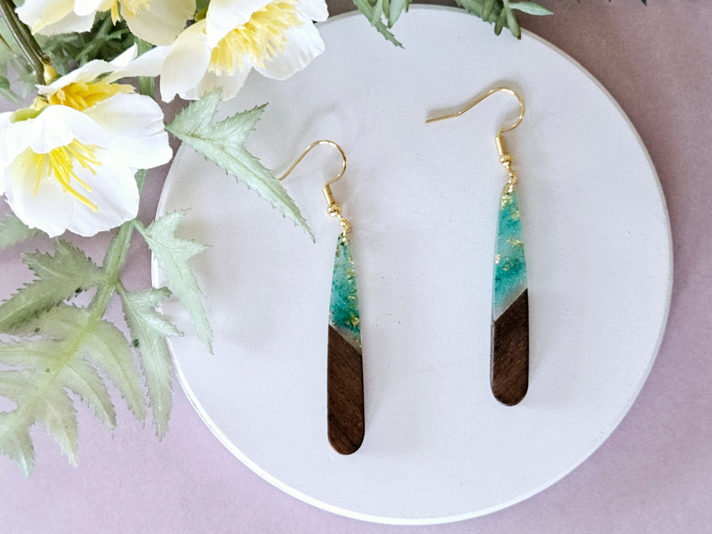 Wood and Resin Droplet Earrings