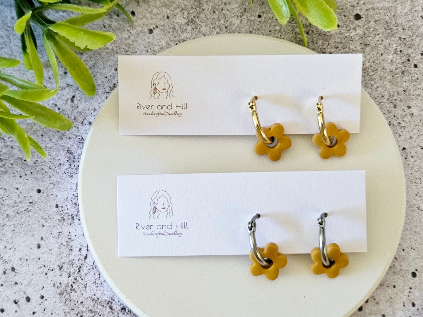 Retro Bloom Mustard and Pink Mini Hoop Earrings