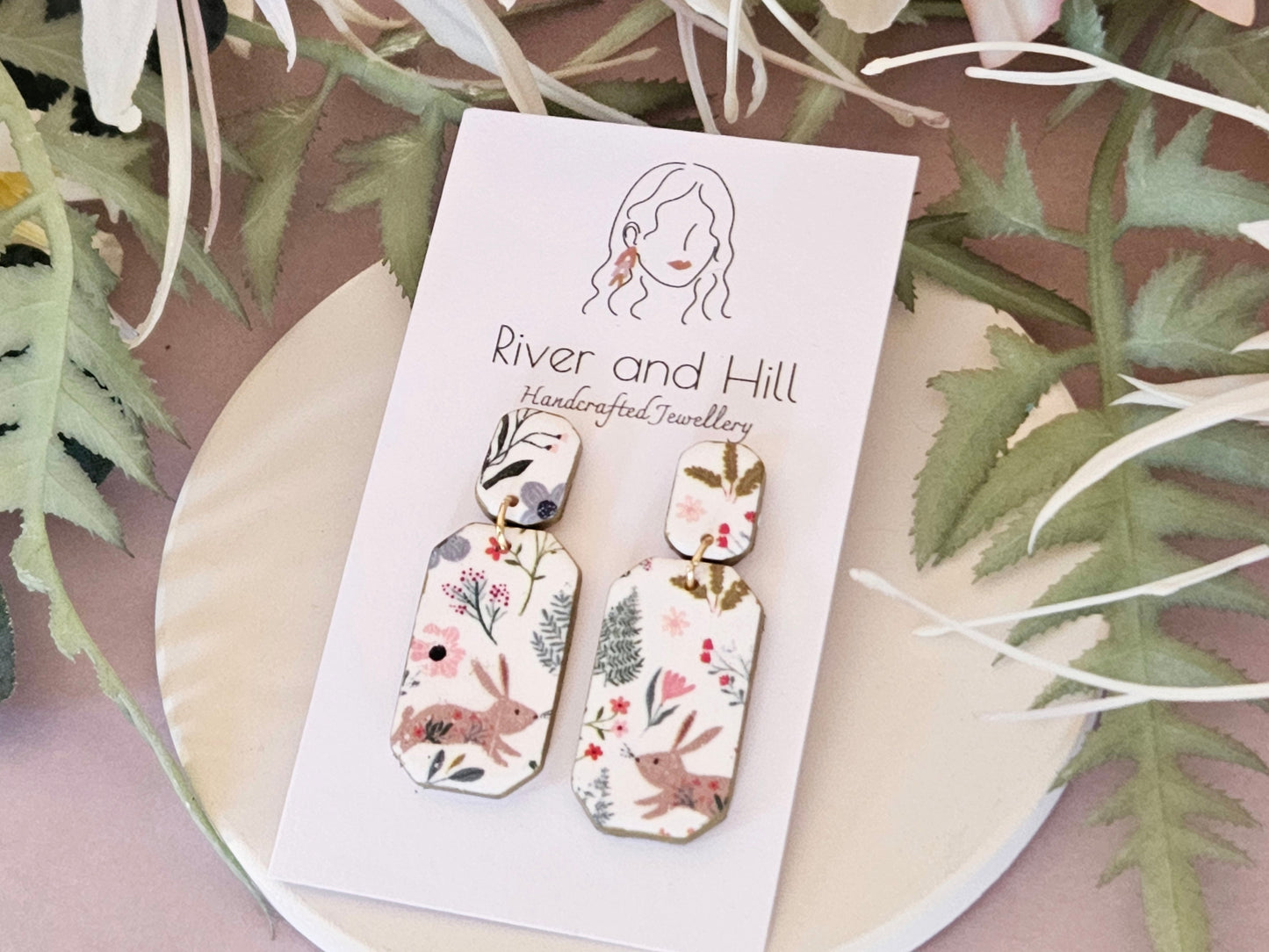 Easter Rabbit Print Rectangular Earrings