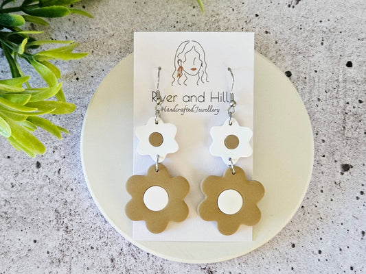 Retro Bloom White and Beige Hook Earrings