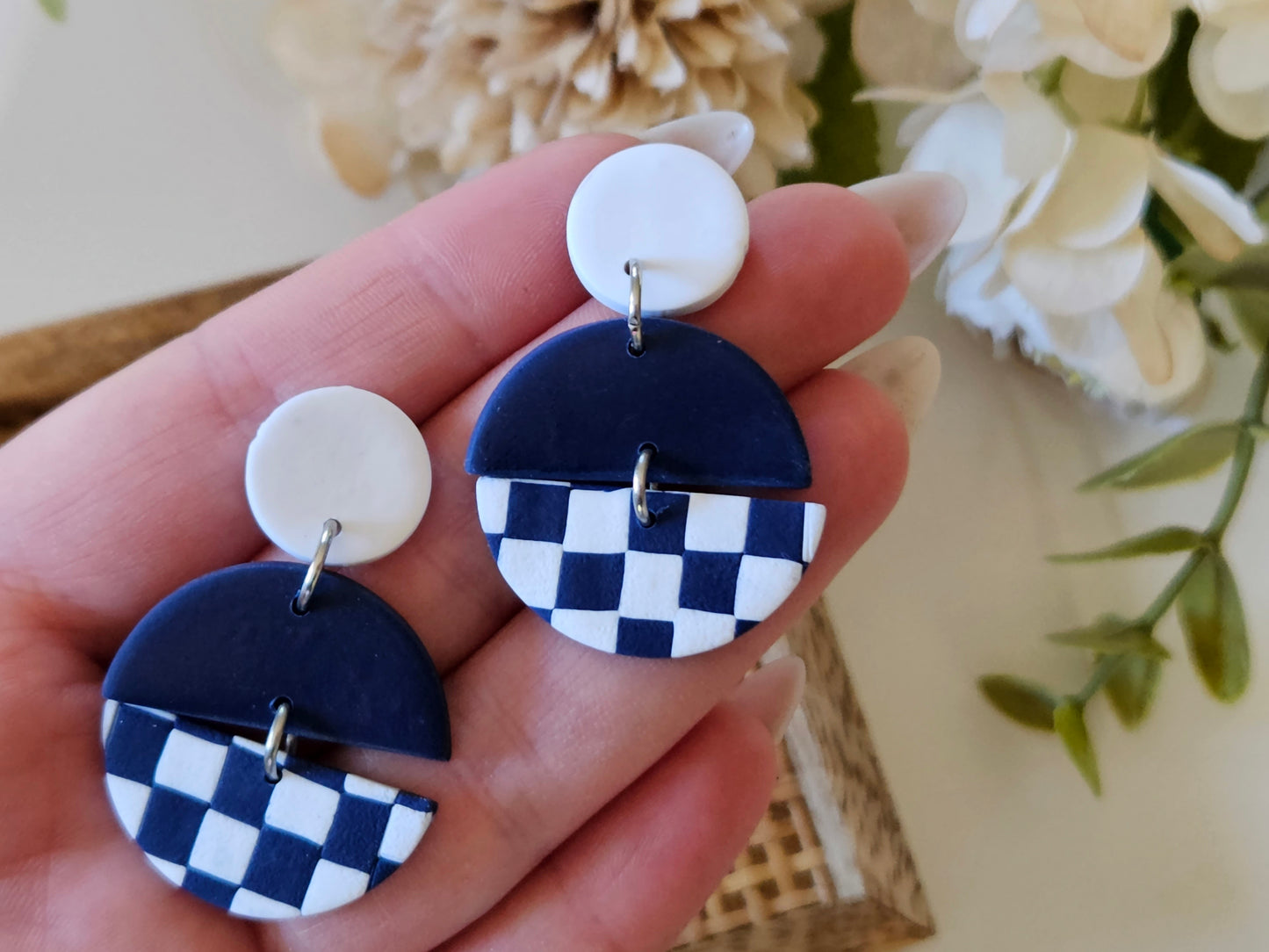 Checkered Disk Navy and White Earrings