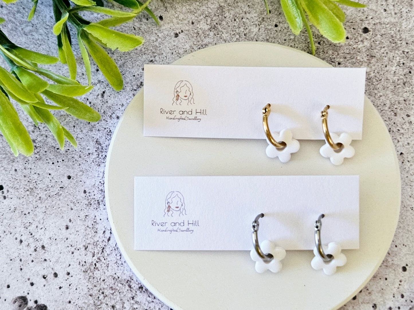 Retro Bloom White and Beige Mini Hoop Earrings