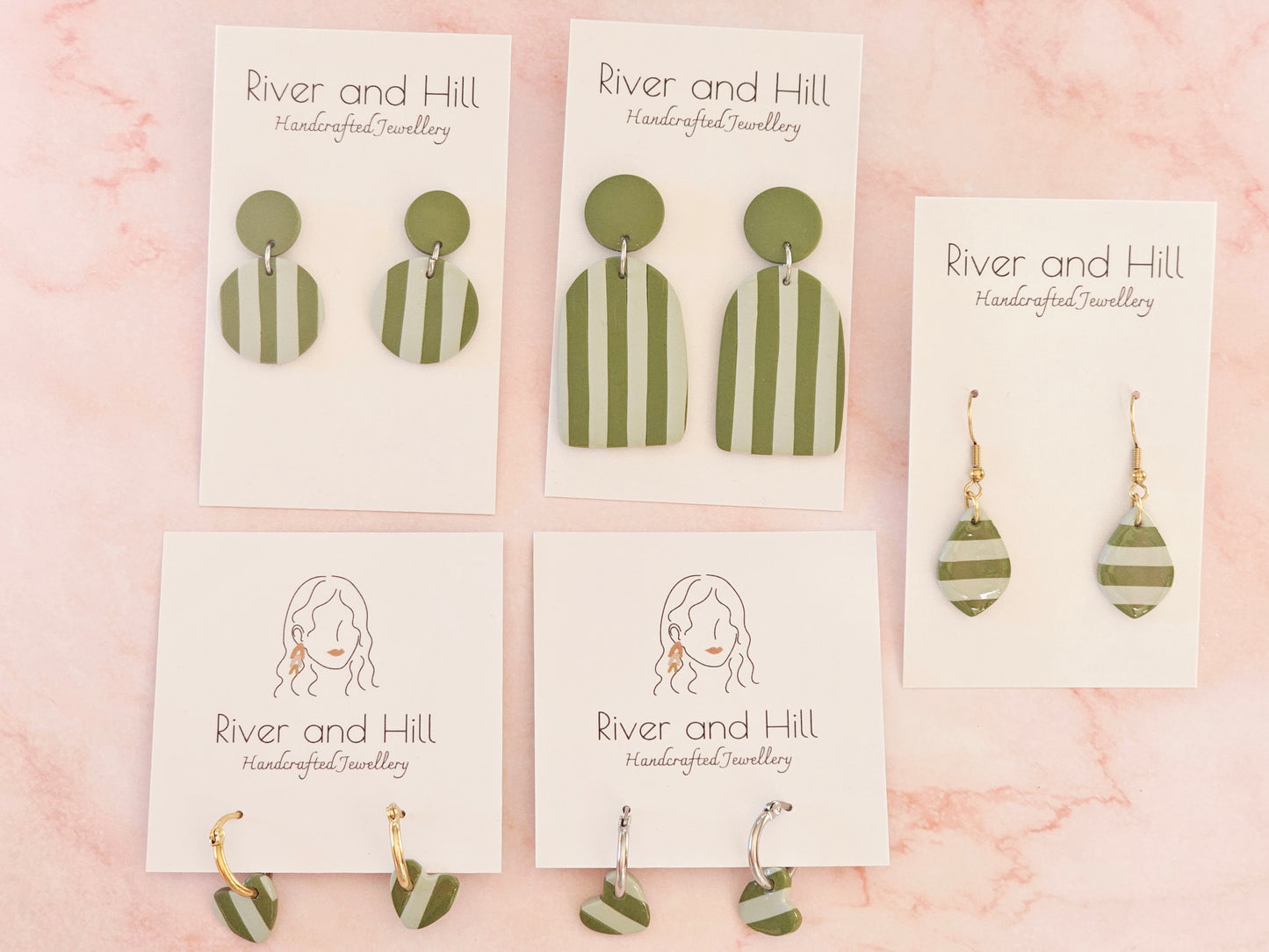 Striped Dainty Earrings Olive and Sage Green