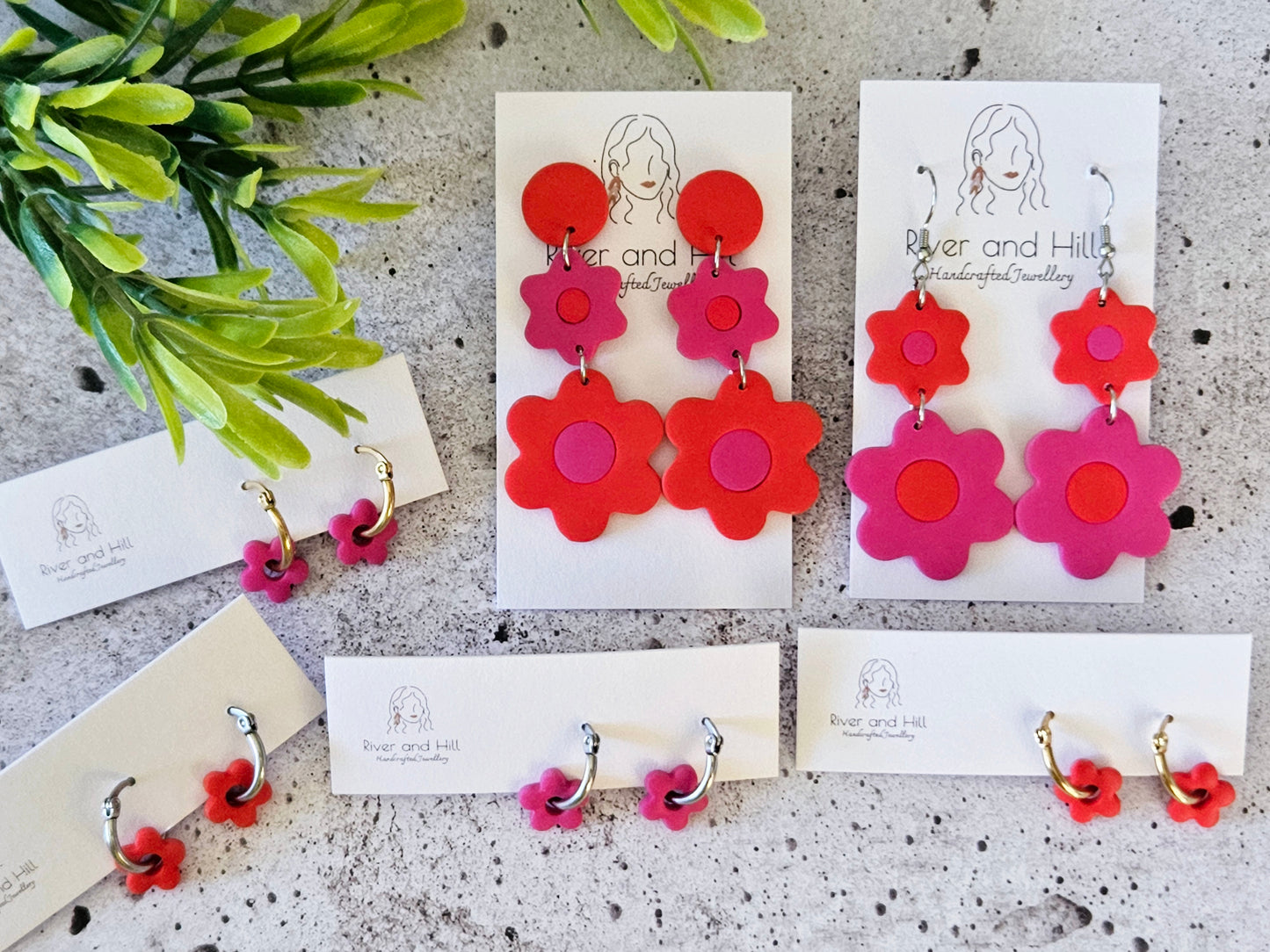 Retro Bloom Red and Pink Mini Hoop Earrings