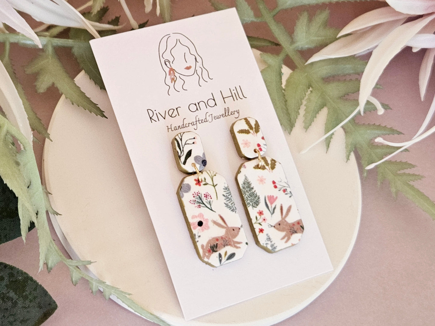 Easter Rabbit Print Rectangular Earrings