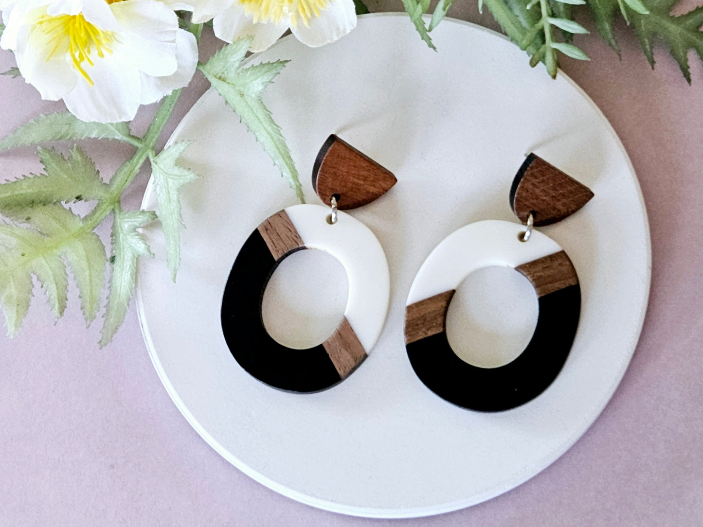 Wood and Resin Monochrome Statement Oval Earrings