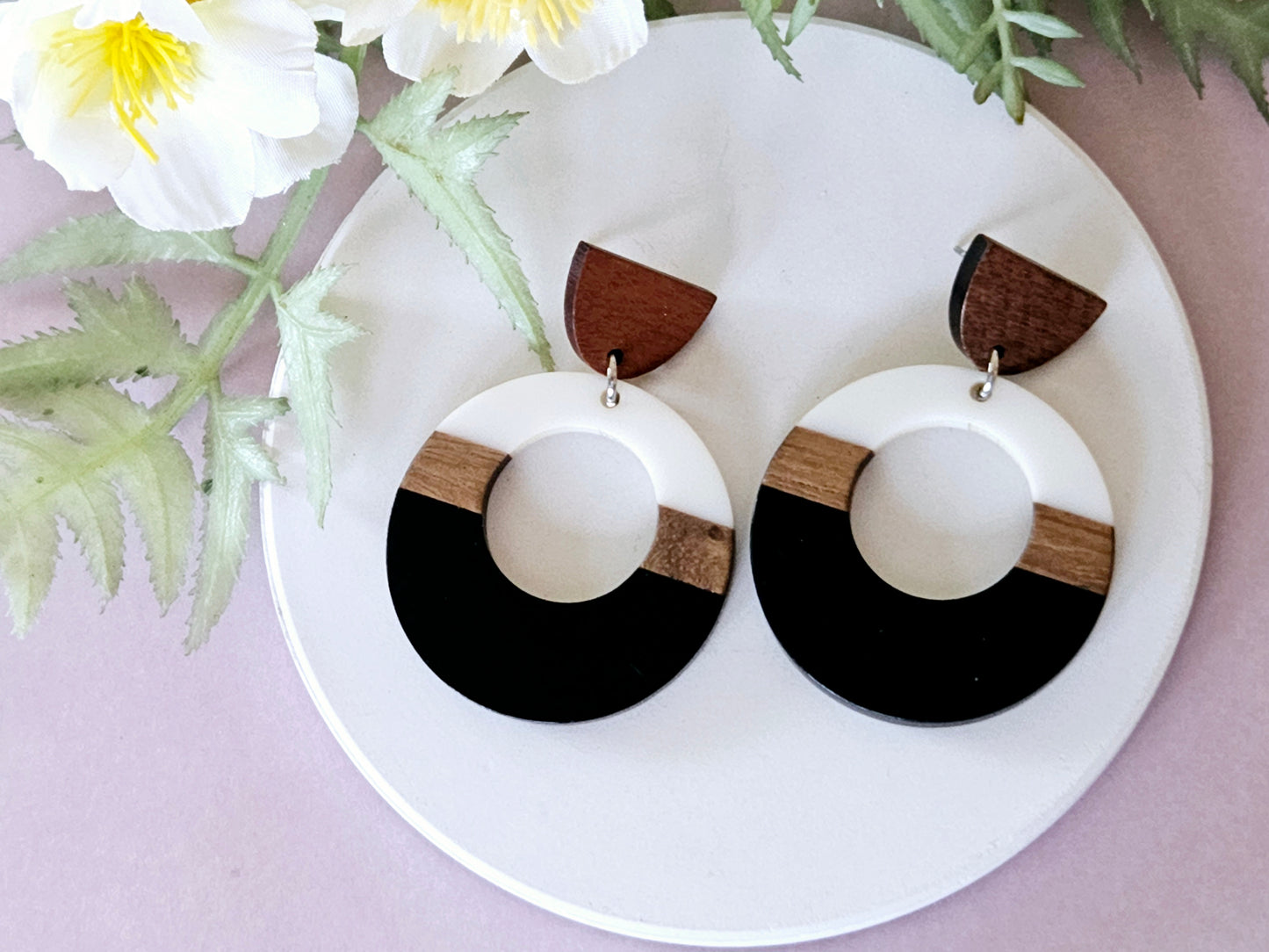 Wood and Resin Monochrome Statement Circle Earrings