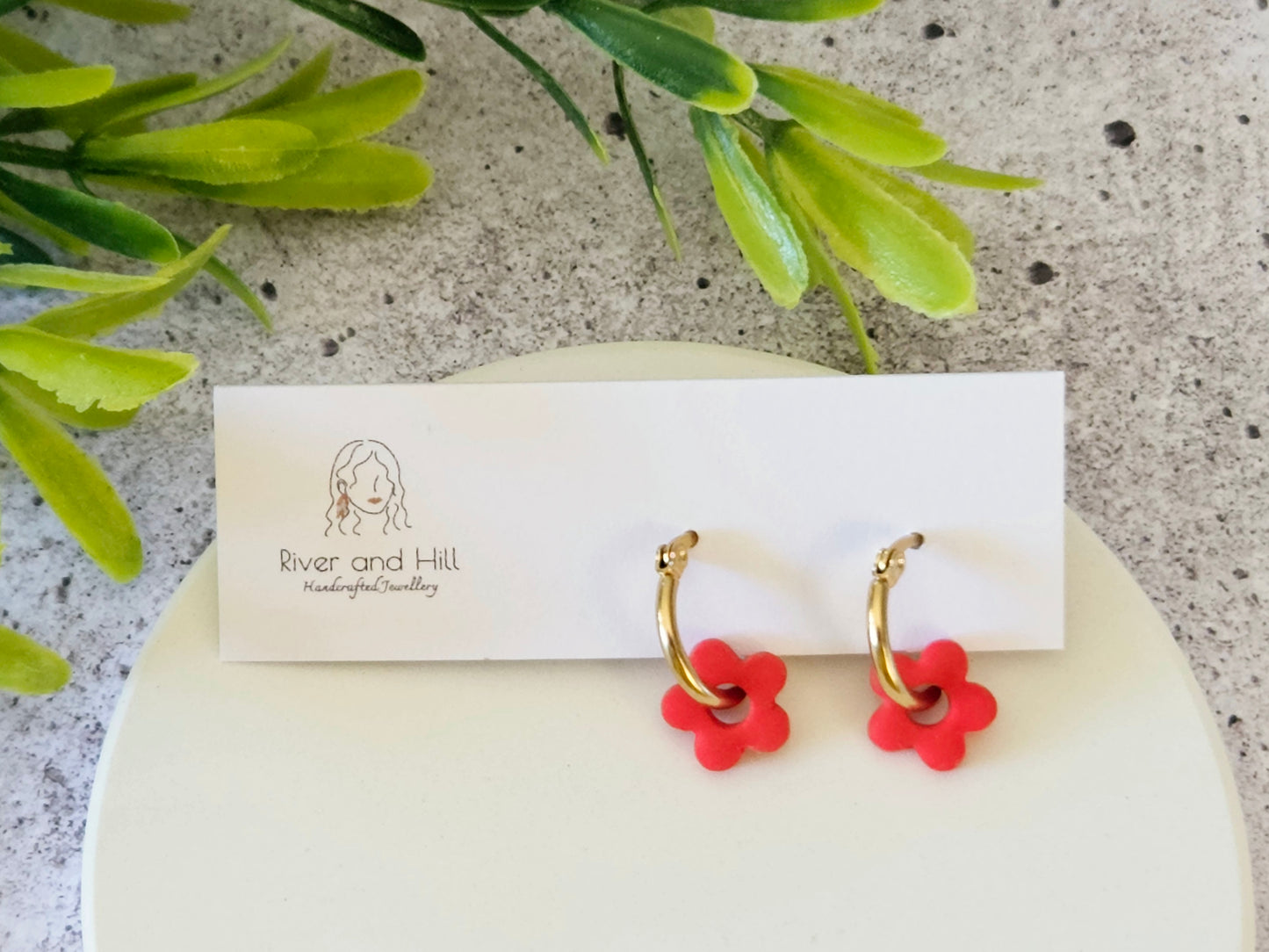 Retro Bloom Red and Pink Mini Hoop Earrings