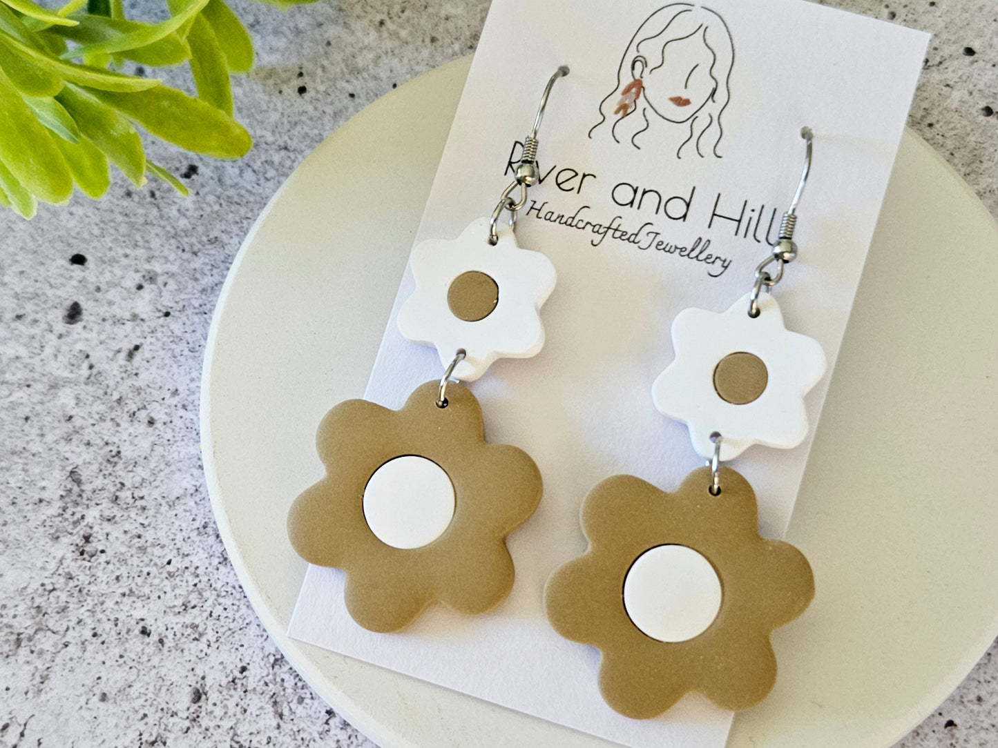 Retro Bloom White and Beige Hook Earrings