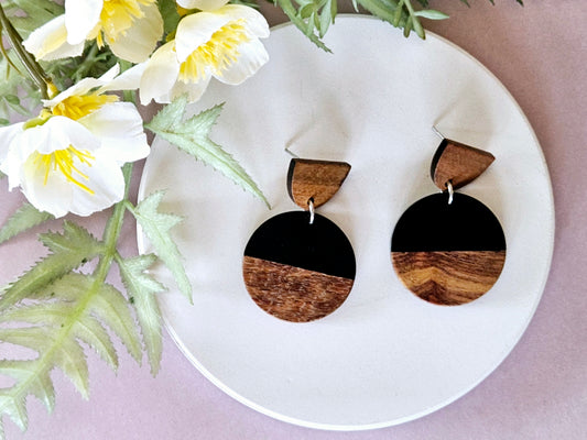 Wood and Resin Monochrome Circle Earrings