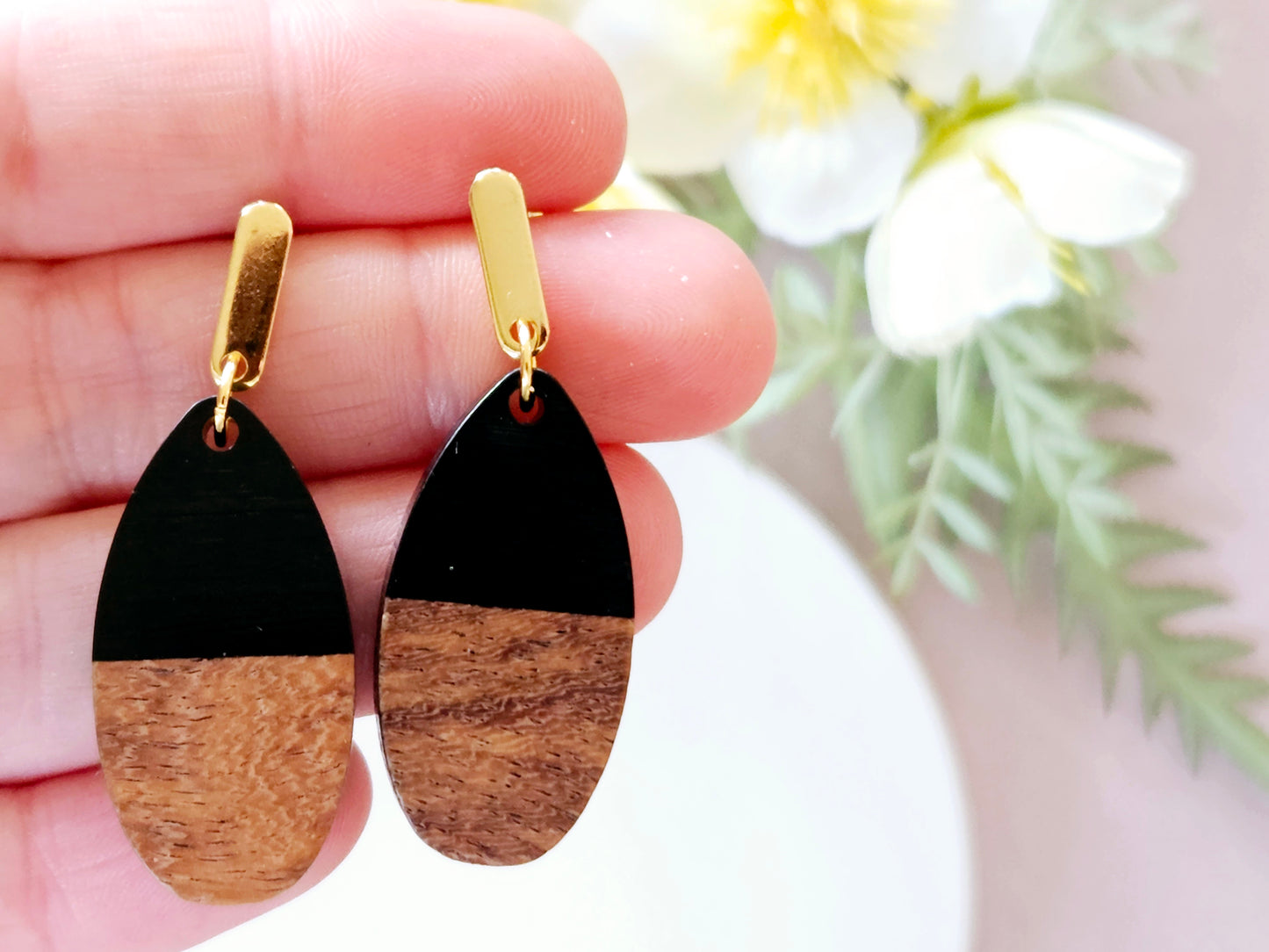 Wood and Resin Monochrome Dainty Oval Earrings