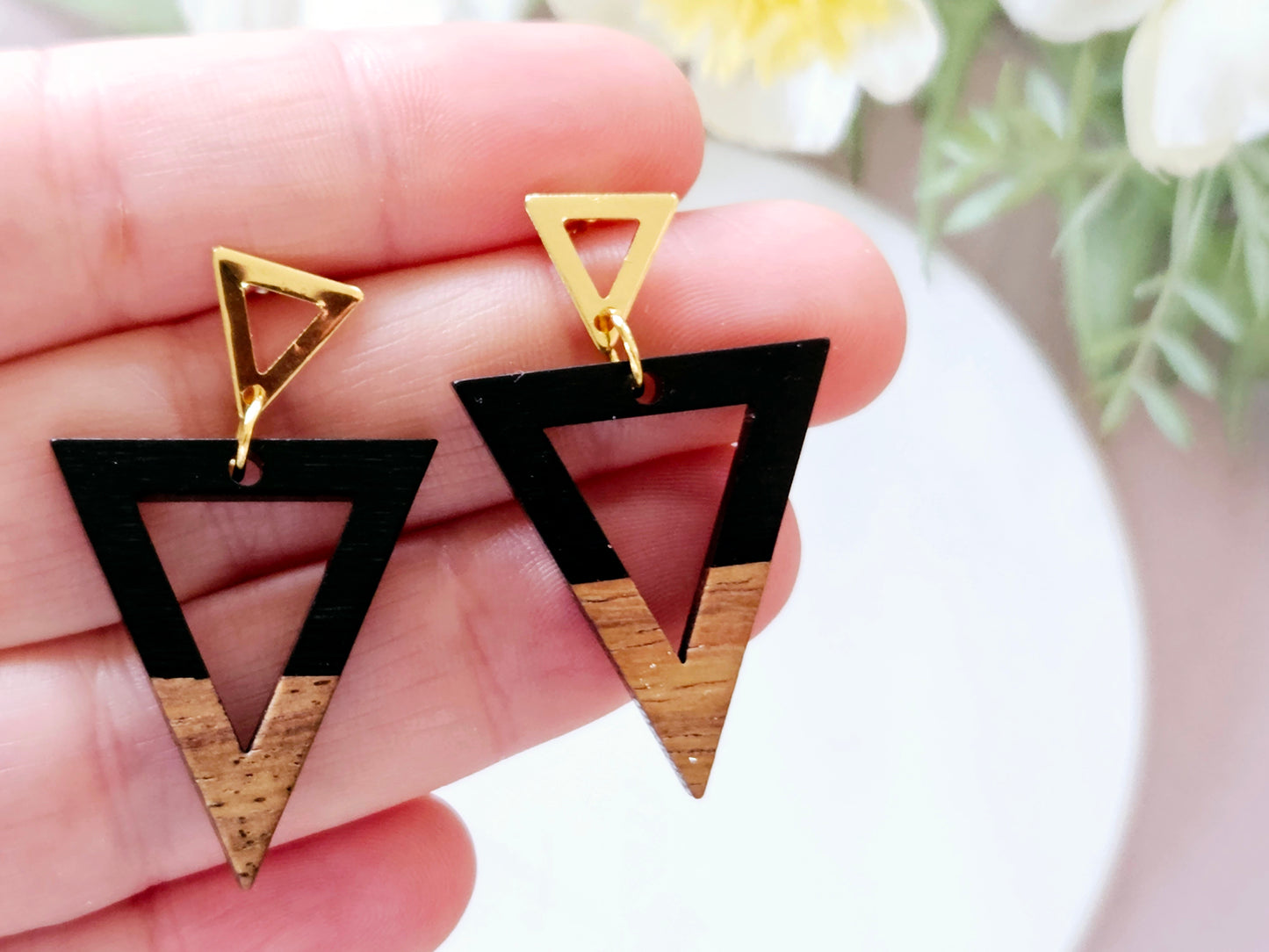 Wood and Resin Monochrome Triangle Earrings