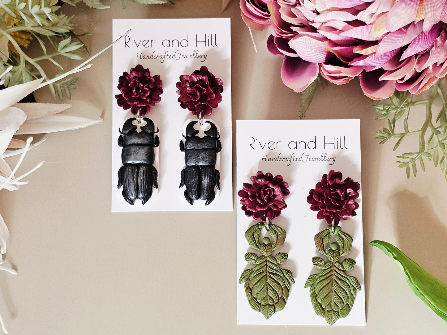 Stag Beetle & Carnation Earrings