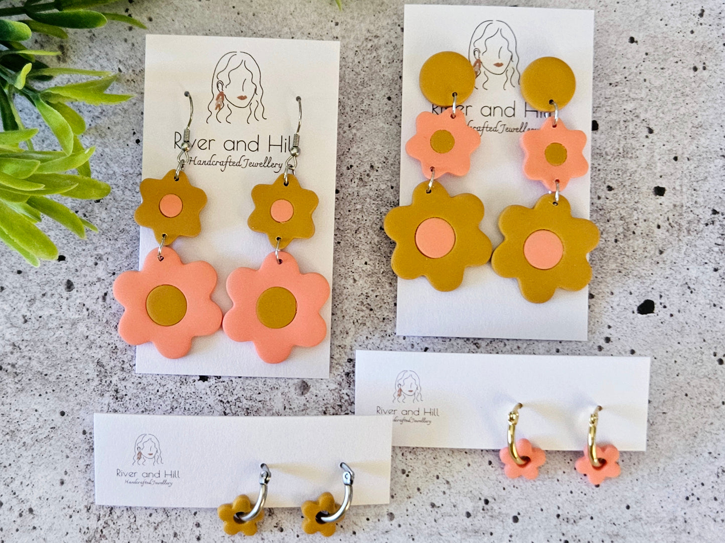 Retro Bloom Mustard and Pink Mini Hoop Earrings