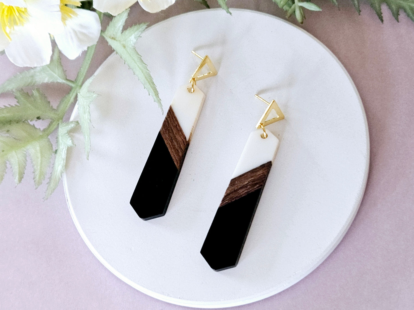 Wood and Resin Monochrome Dagger Earrings