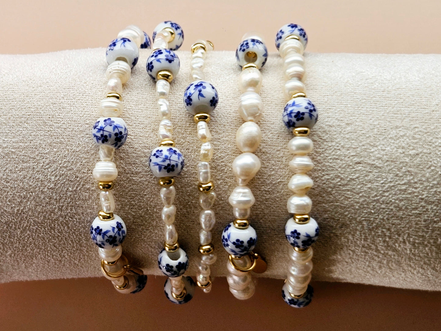 Stacking Bracelets uxe Layered Pearl and Porcelain Singles