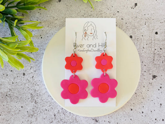 Retro Bloom Pink and Red Hook Earrings