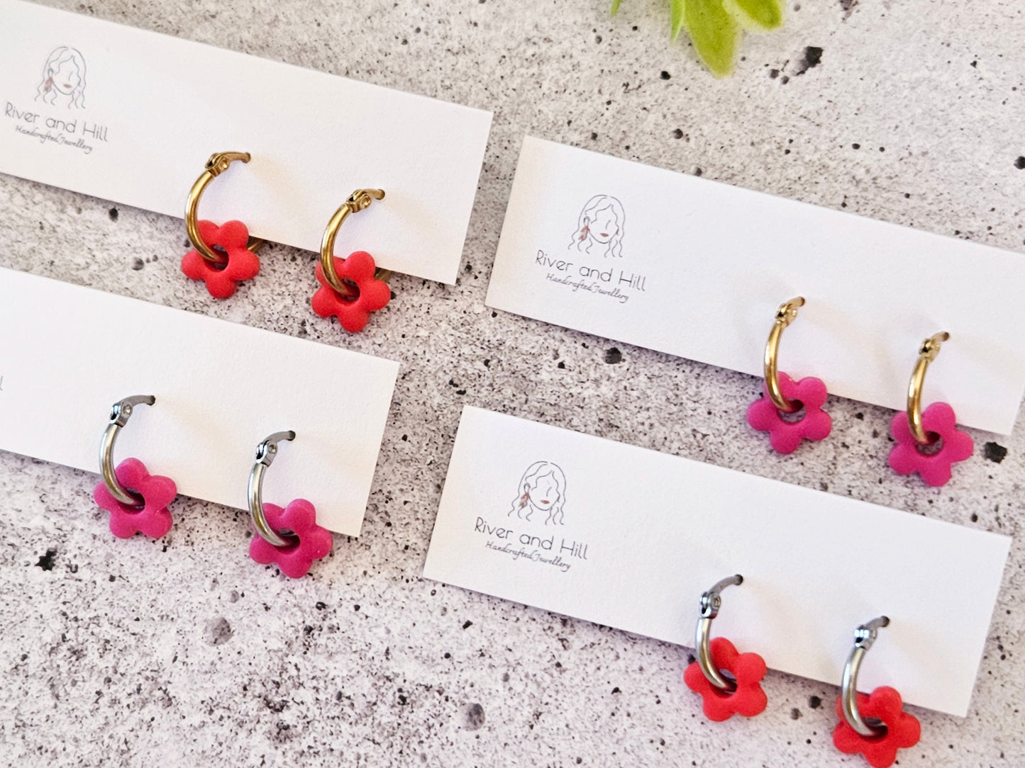 Retro Bloom Red and Pink Mini Hoop Earrings