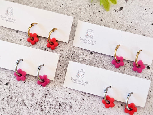 Retro Bloom Red and Pink Mini Hoop Earrings