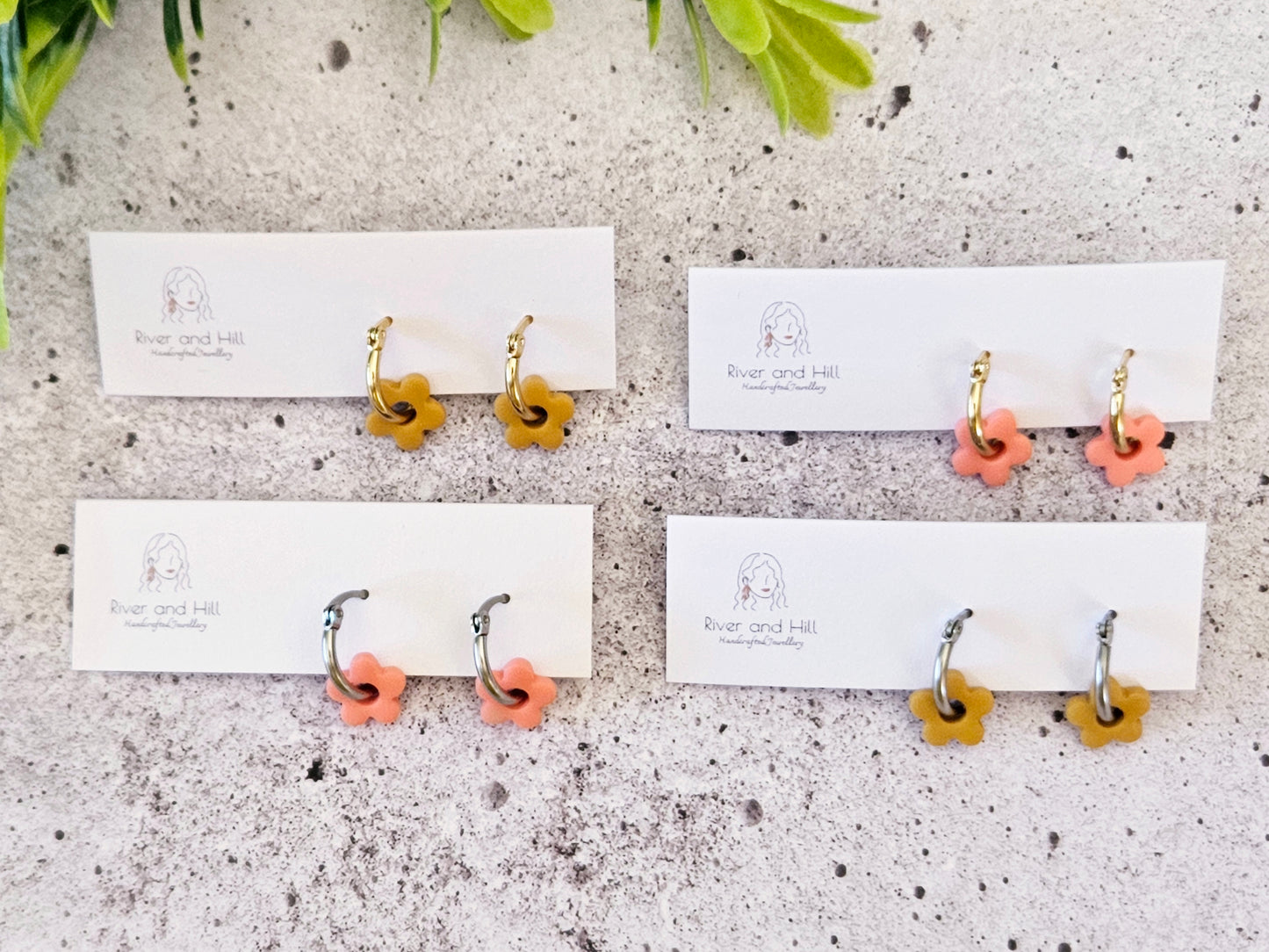 Retro Bloom Mustard and Pink Mini Hoop Earrings