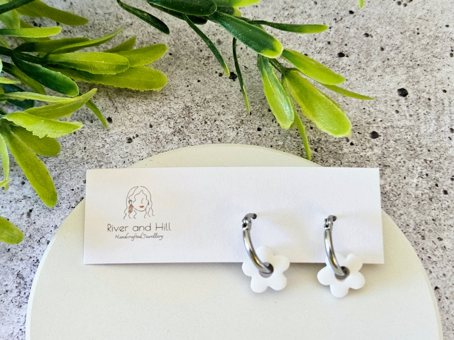 Retro Bloom White and Beige Mini Hoop Earrings