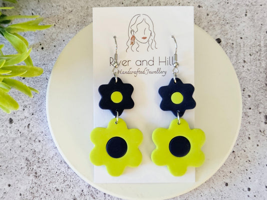 Retro Bloom Blue and Green Hook Earrings