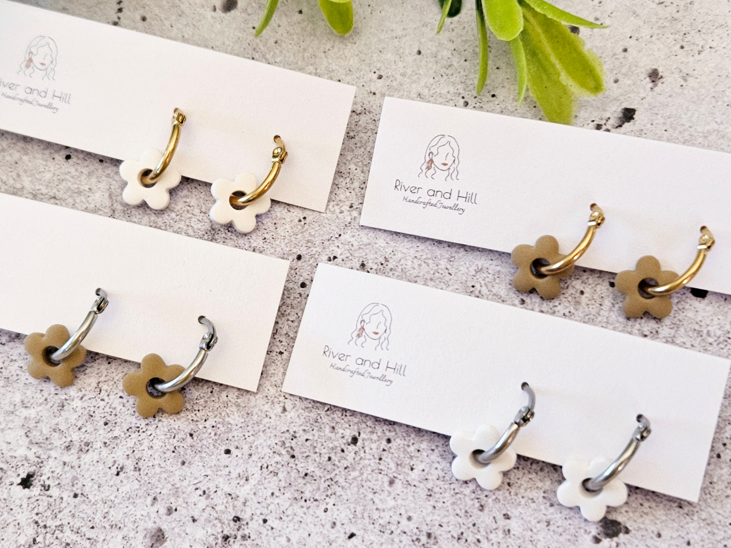 Retro Bloom White and Beige Mini Hoop Earrings