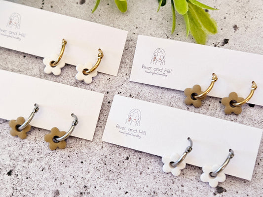 Retro Bloom White and Beige Mini Hoop Earrings
