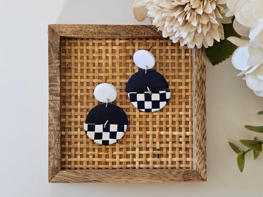 Checkered Disk Navy and White Earrings
