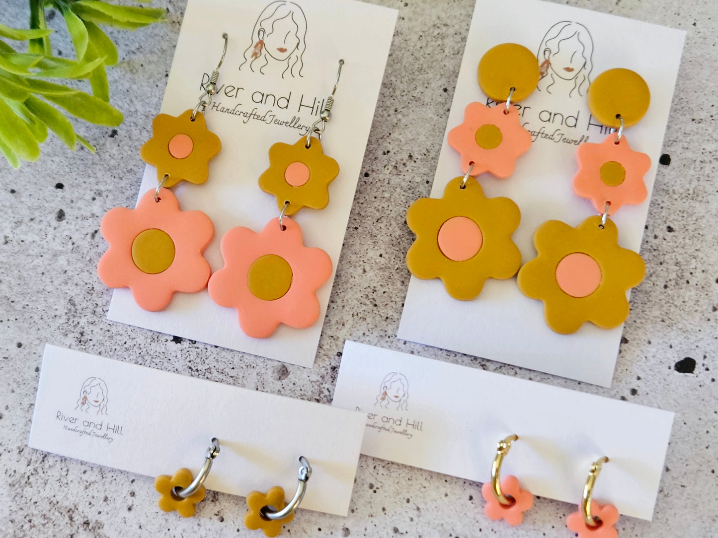 Retro Bloom Mustard and Pink Mini Hoop Earrings