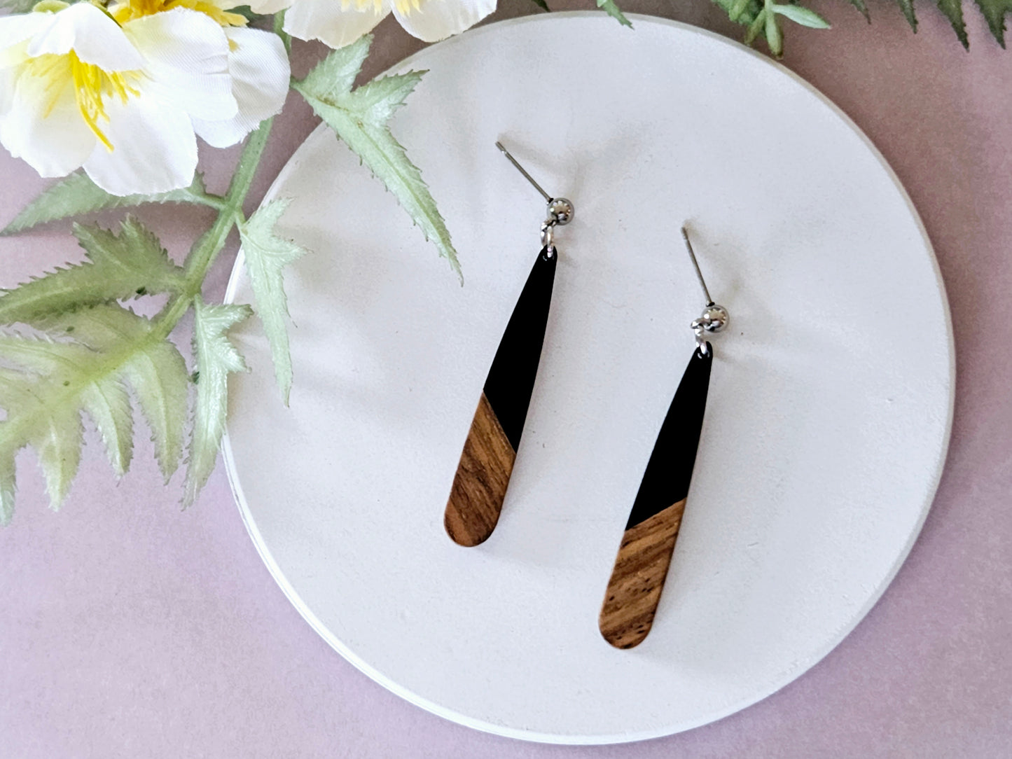 Wood and Resin Droplet Earrings