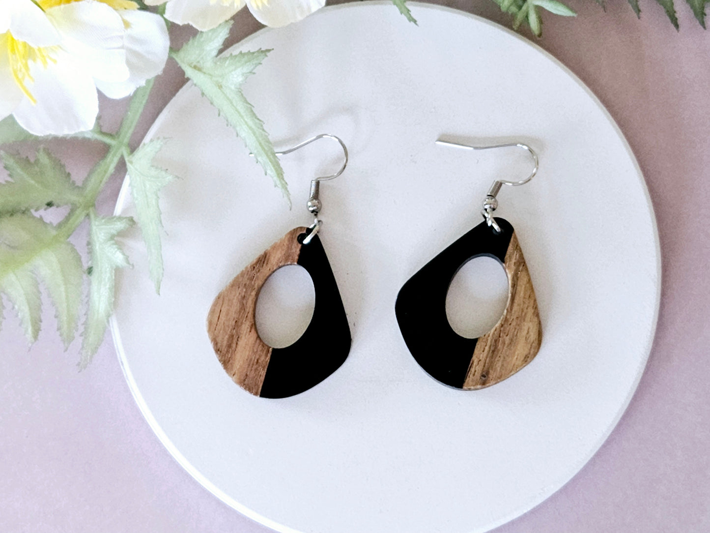 Wood and Resin Monochrome Abstract Earrings